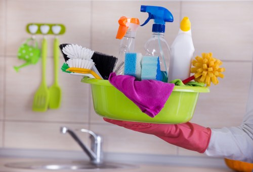 Professional cleaner maintaining shared entrance areas in Surrey